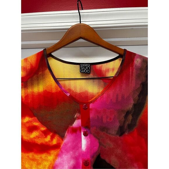 Clara Sun Woo Bright Watercolor Hi-Lo Tunic Top Blouse sz L EUC - Picture 5 of 7